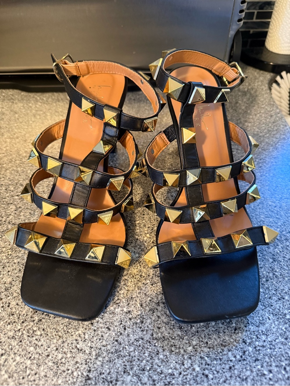 Nicole Miller Black Strappy Heeled Sandals with Gold Pyramid Studs